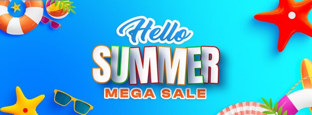 Hola verano Mega venta plantilla de portada de Facebook con coloridos elementos de playa