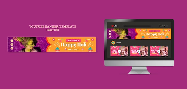 Gratis PSD holi festival viering youtube-sjabloon voor spandoek