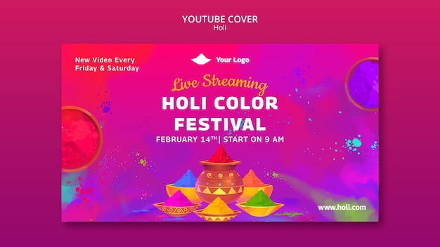 Gratis PSD holi festival viering youtube voorbladsjabloon