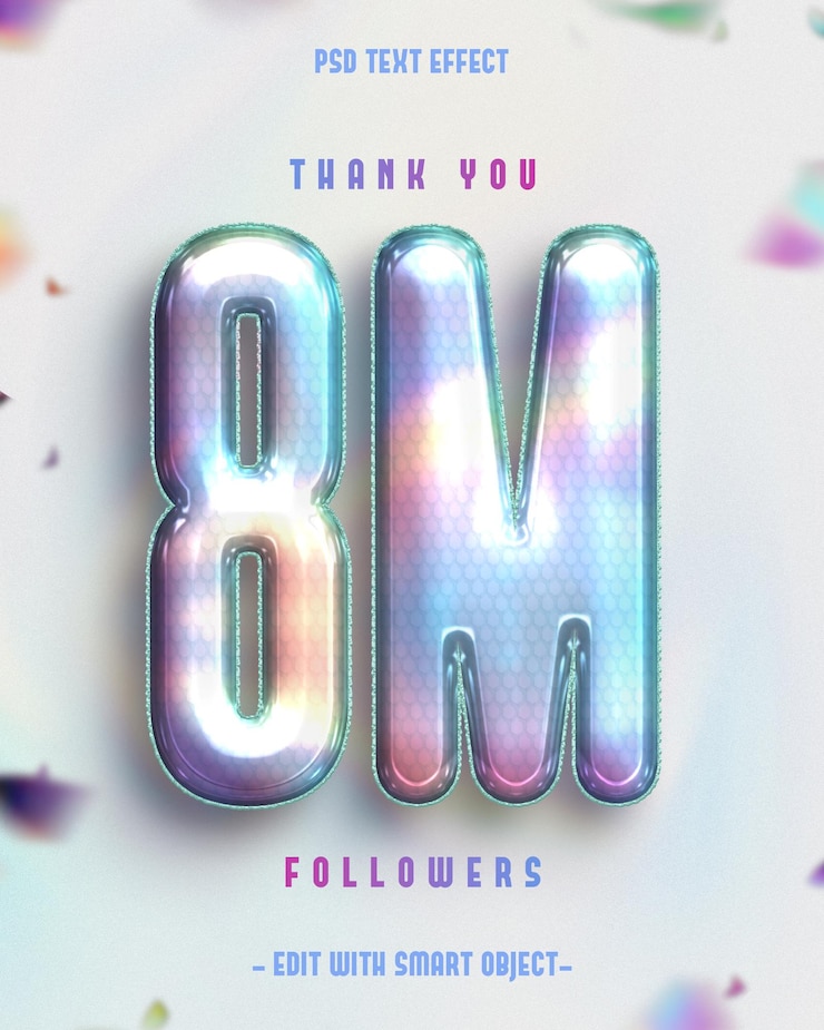 PSD gratuito holografico grazie 8m follower effetto di testo modificabile