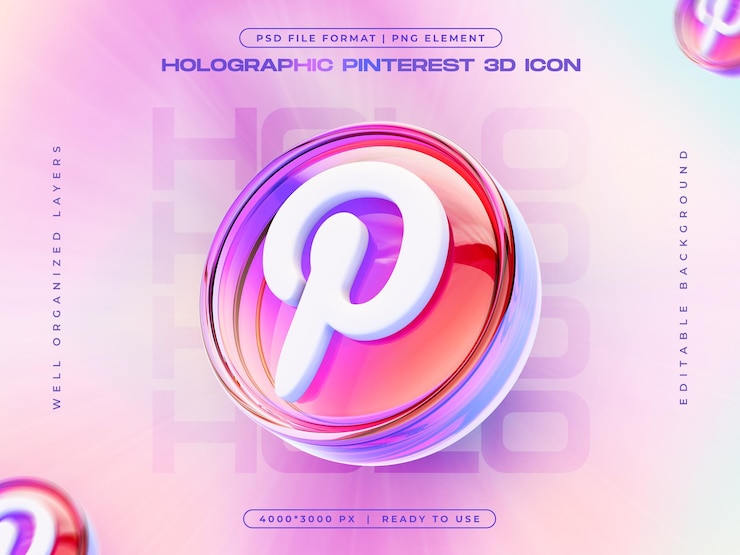 PSD Gratis holographic social media pinterest icon 3d render illustration