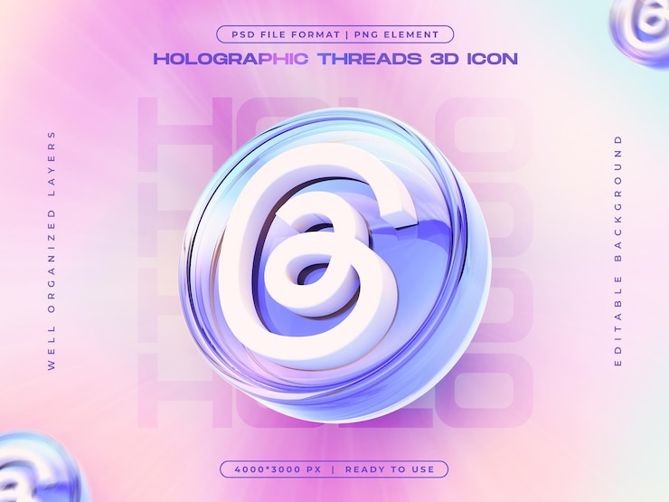 PSD gratuito holographic social media threads icon 3d render illustrazione