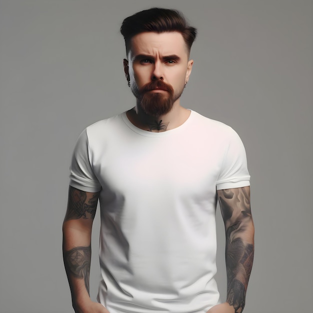 PSD gratuito hombre barbudo guapo con camiseta blanca sobre fondo gris