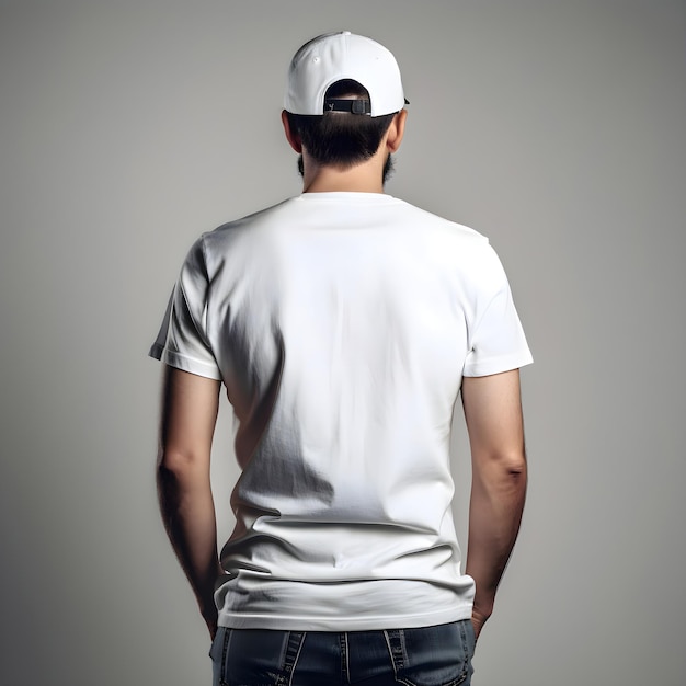 Hombre con camiseta blanca y gorra de béisbol en fondo gris