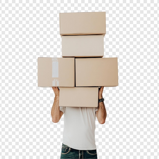 Hombre cargando una pila de cajas de cartón