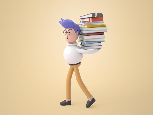 hombre de dibujos animados en 3D que lleva un montón de libros