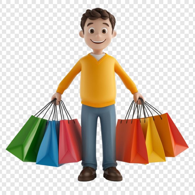 Hombre de dibujos animados feliz con bolsas de compras