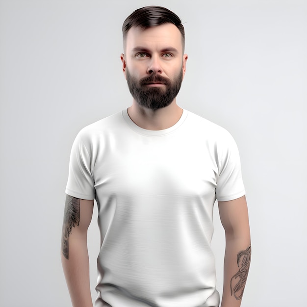 PSD gratuito hombre guapo con barba en camiseta blanca sobre un fondo gris