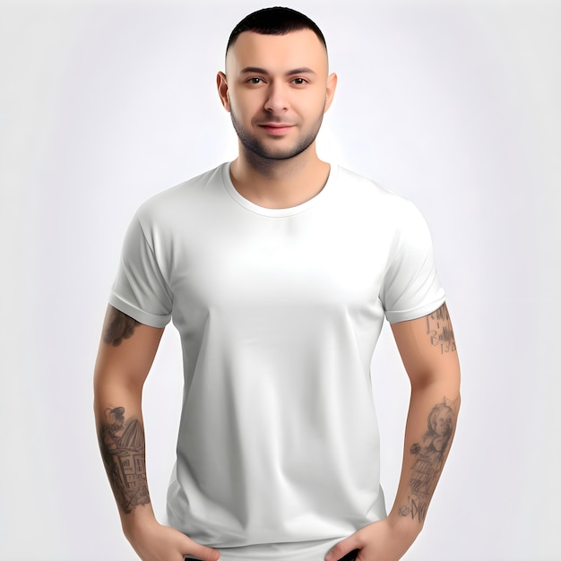 Hombre guapo tatuado con camiseta blanca sobre un fondo gris