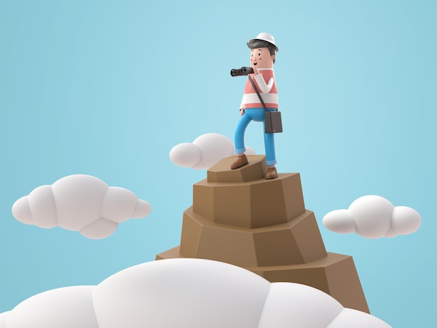 Hombre de ilustración 3D con binoculares en la cima de la montaña cubierta de nubes