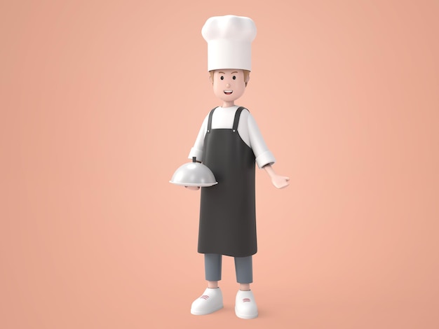 Hombre de la ilustración 3D en uniforme del cocinero que sostiene la representación de la bandeja de servicio