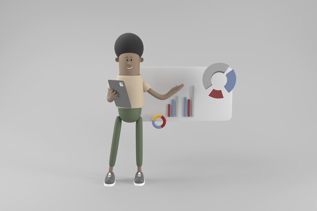 Hombre joven de carácter 3D con concepto de negocio
