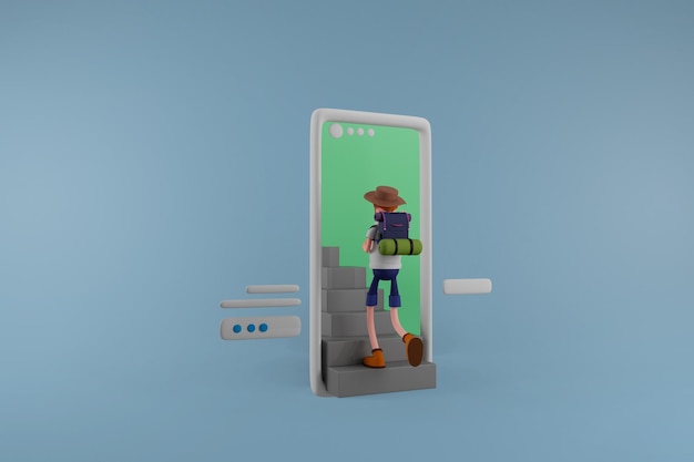 Hombre joven viajero viaja en línea en un teléfono inteligente en un fondo aislado Concepto de tecnología y vacaciones de viaje Ilustración 3d Personajes de dibujos animados