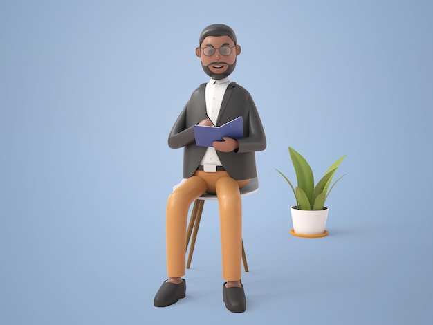 Hombre de negocios de barba de personaje de dibujos animados de ilustración 3d con gafas de sol sentado y leyendo un libro con felicidad