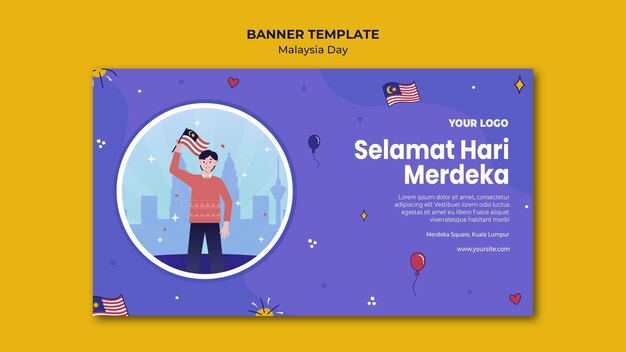 Hombre de pie y sosteniendo la plantilla web de banner de bandera de Malasia