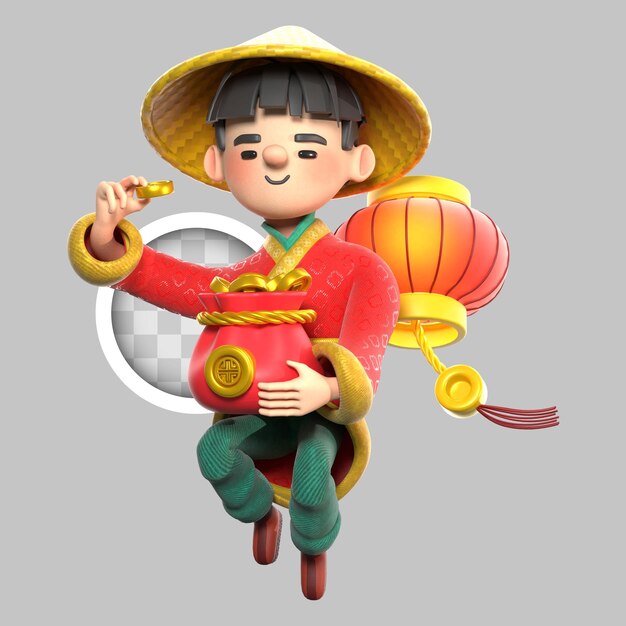 un hombre con un sombreiro y un sombrero chino sosteniendo una olla con un sombrerito que dice carácter chino