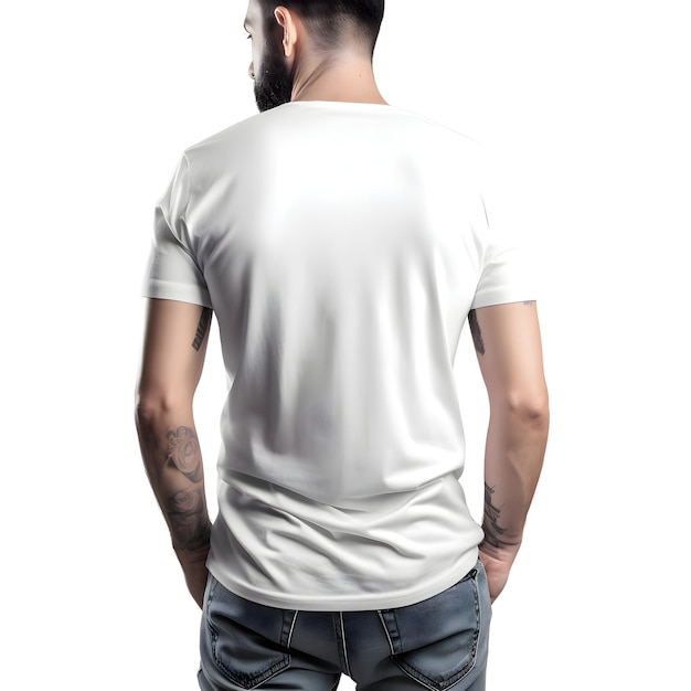 Hombre tatuado con camiseta blanca sobre fondo blanco