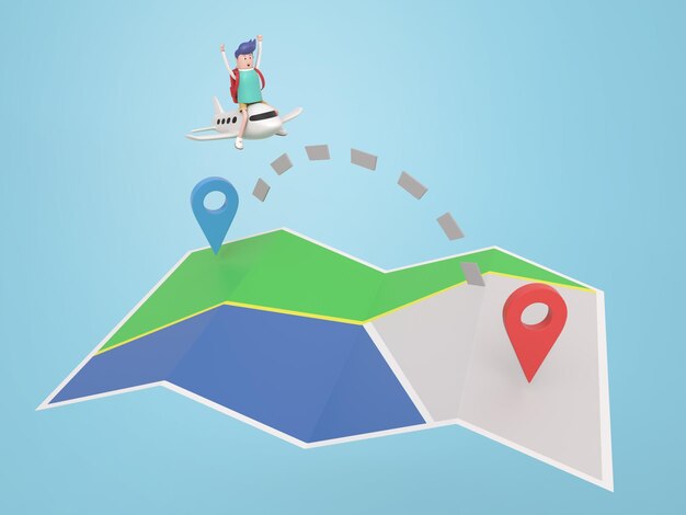 Hombre viajero feliz en avión con mapa GPS y fondo aislado pin