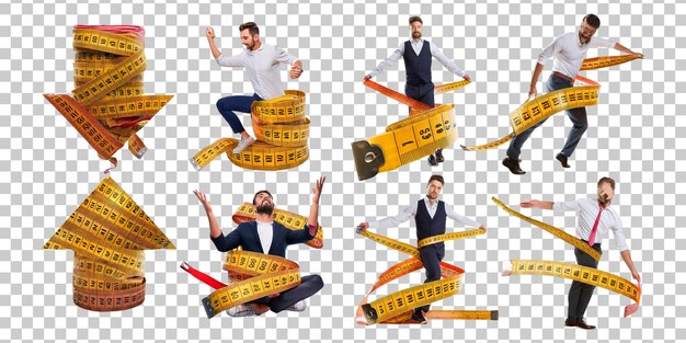 Hombres creativos con cintas de medición en varias poses