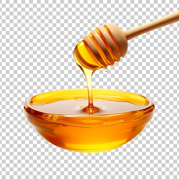 honingstok en schaal met honing die op een doorzichtige achtergrond is geïsoleerd