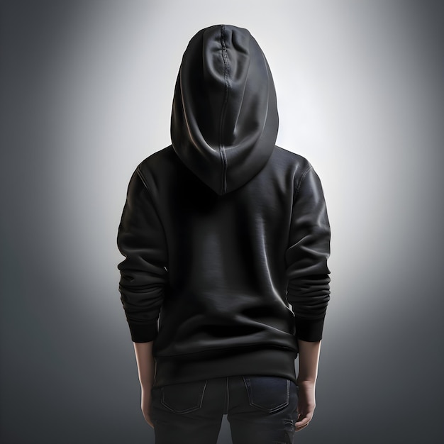 Gratis PSD hooded man in zwarte capuchon sweatshirt op grijze achtergrond