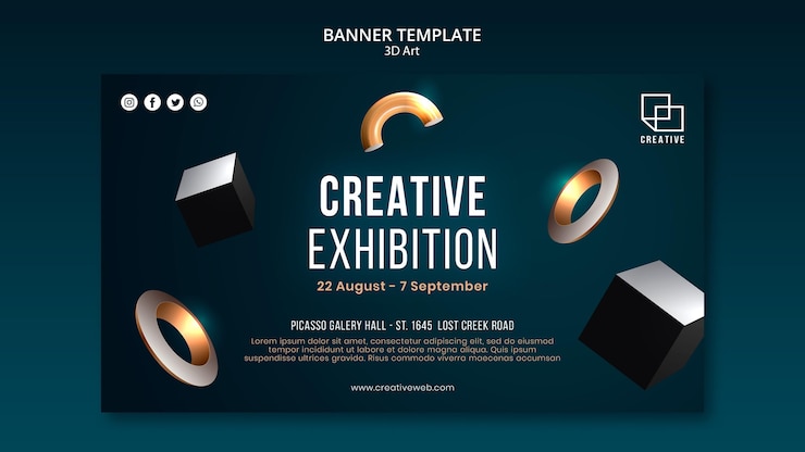 PSD Gratis horizontal banner for art exhibition with creative three-dimensional shapes