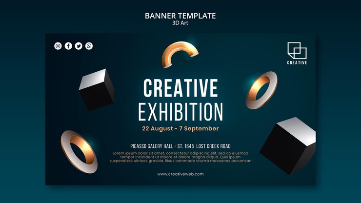 PSD Gratis horizontal banner for art exhibition with creative three-dimensional shapes