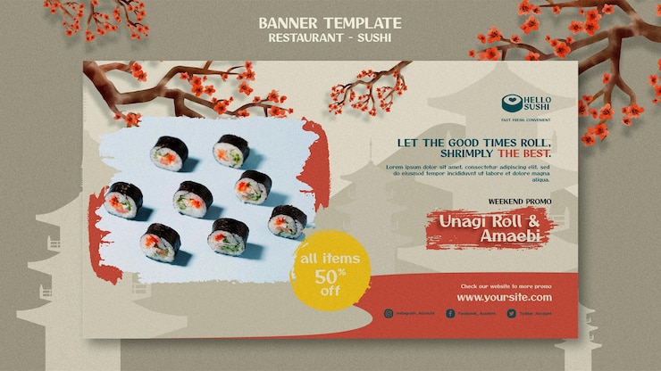 PSD Gratis horizontal banner template for sushi restaurant