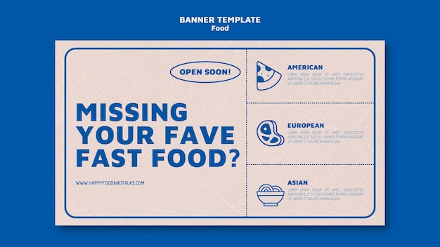 Horizontale bannersjabloon voor fastfoodrestaurants in eenvoudige zwart-witstijl