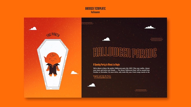 Gratis PSD horizontale bannersjabloon voor halloween met vampier in doodskist