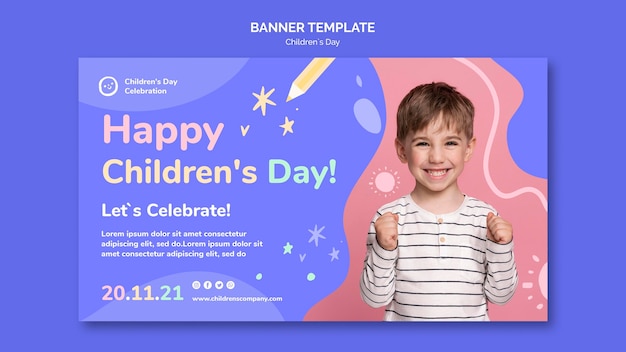 Gratis PSD horizontale bannersjabloon voor kinderdag met kleurrijke details