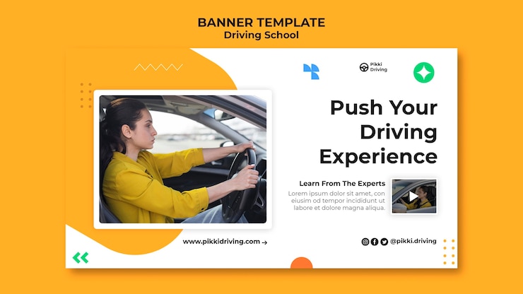 Gratis PSD horizontale bannersjabloon voor rijschool met vrouw en auto