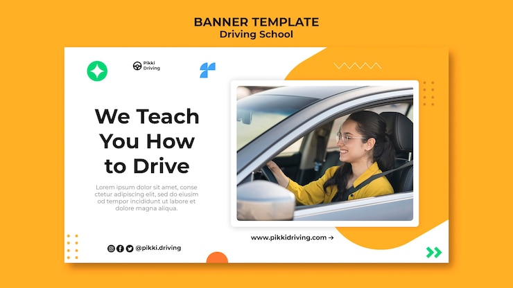 Gratis PSD horizontale bannersjabloon voor rijschool met vrouw en auto