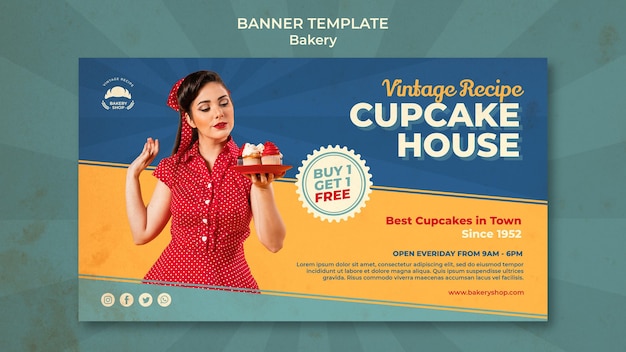 Gratis PSD horizontale bannersjabloon voor vintage bakkerijwinkel met vrouw