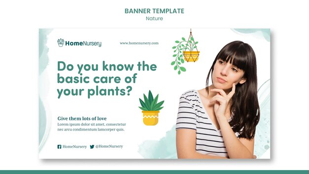 Horizontale bannersjabloon voor zorg voor kamerplanten met vrouw