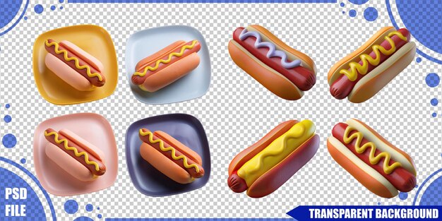 Hot dogs coloridos en platos para la presentación de comida divertida