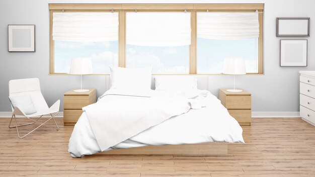 Hotelkamer of slaapkamer met tweepersoonsbed en grote ramen