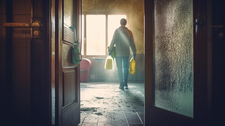 PSD Gratis housemaid opening the door generative ai