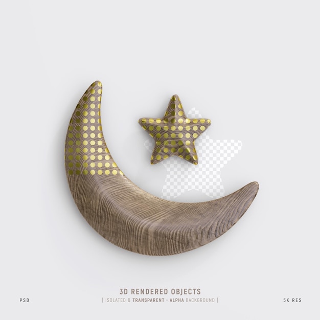 Houten islamitische wassende maan en ster geïsoleerde 3D-rendering