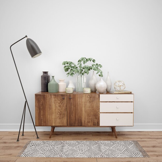 Houten meubels met decoratieve objecten en lamp, interieurideeën