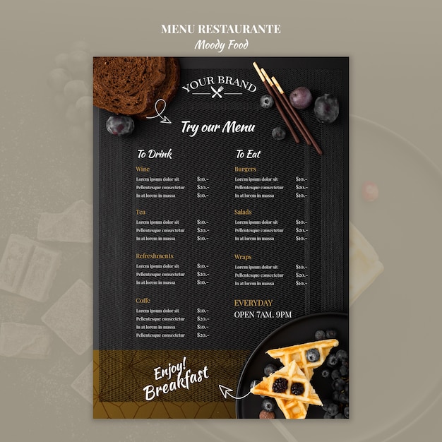 Gratis PSD humeurig voedsel restaurant menu concept mock-up