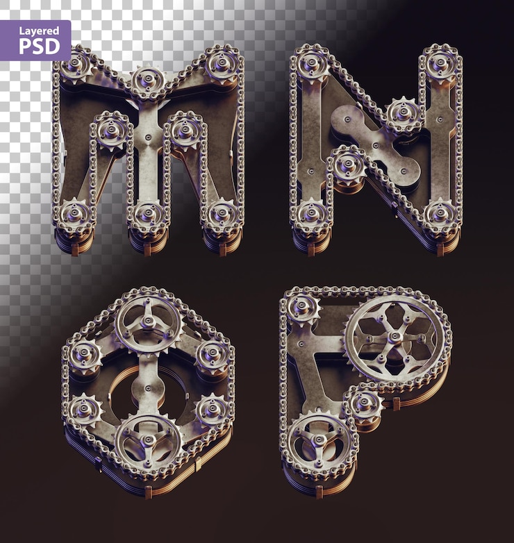 PSD Gratis huruf gaya steampunk 3d yang terbuat dari perlengkapan dan rantai sepeda