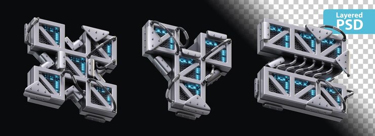 PSD Gratis huruf metalik 3d x, y, z dengan efek bercahaya
