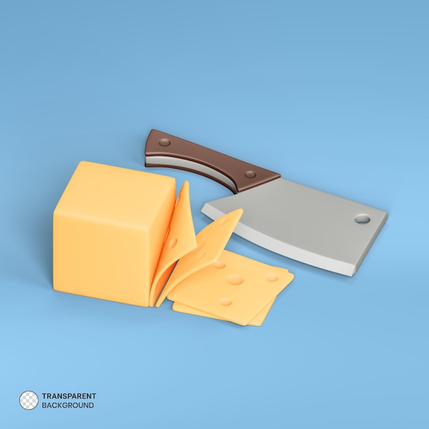 Icona di blocco di formaggio e tagliere Illustrazione di rendering 3d isolata