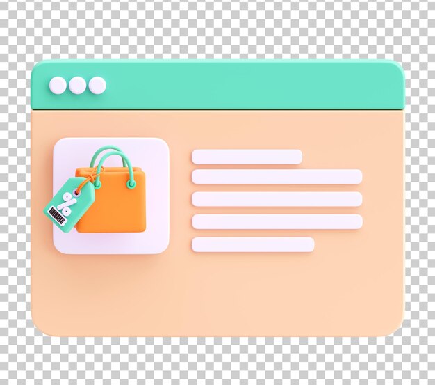 Iconica 3D della borsa della spesa con etichetta di sconto sull'interfaccia del sito web