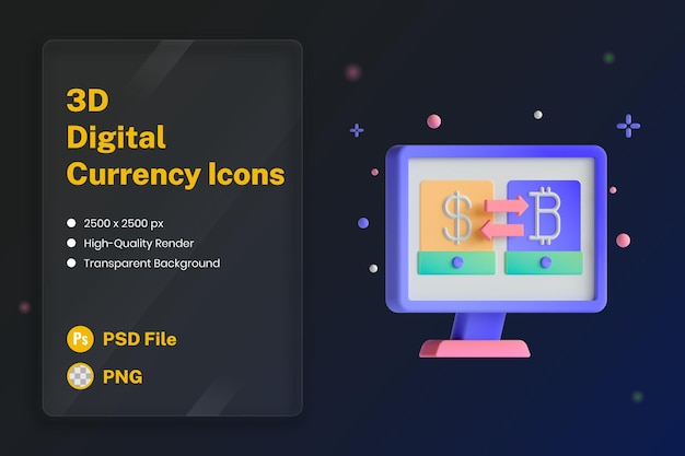 Icono 3D Ilustración Intercambio en línea Cryptocurrency Moneda digital