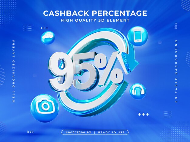 El icono del 95 por ciento de devolución de dinero aislado Ilustración de renderización 3D