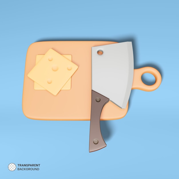 Icono de bloque de queso y tabla de cortar Ilustración de procesamiento 3d aislado