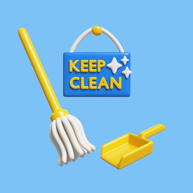 Icono de reglas 3D con letrero de mantener limpio y escoba