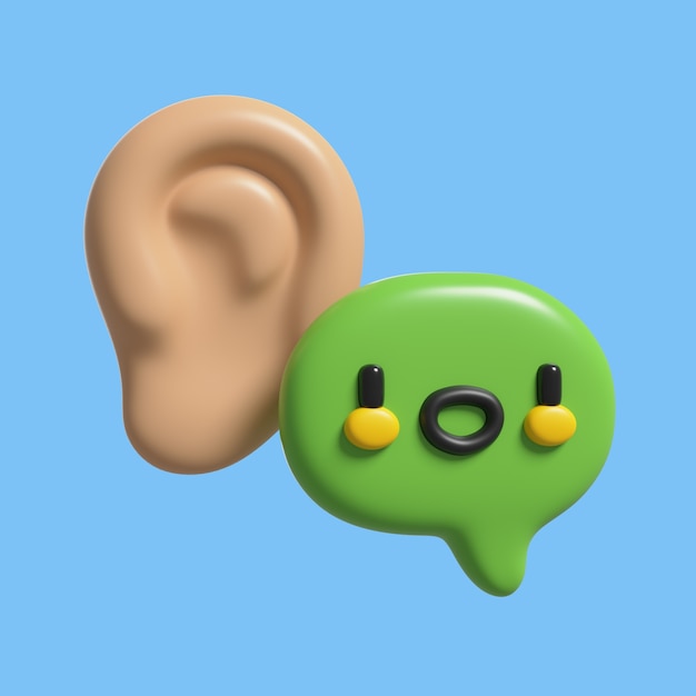 Icono de reglas 3D con oreja y discurso de burbuja